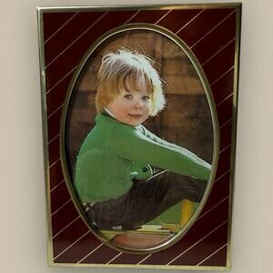 Vtg Art Deco Mini Gold Red Stripe Picture Frame Easel Back Holds 2x3” Moody